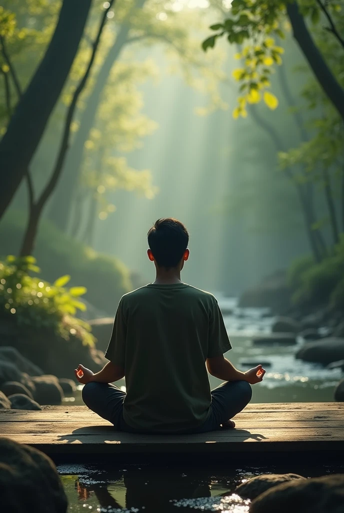 16:9 Scene opens with calm background music and a person meditating in a peaceful environment