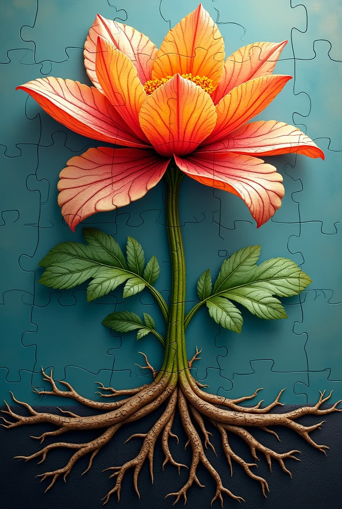 Puzzle with a flower with a stem, leaf and roots