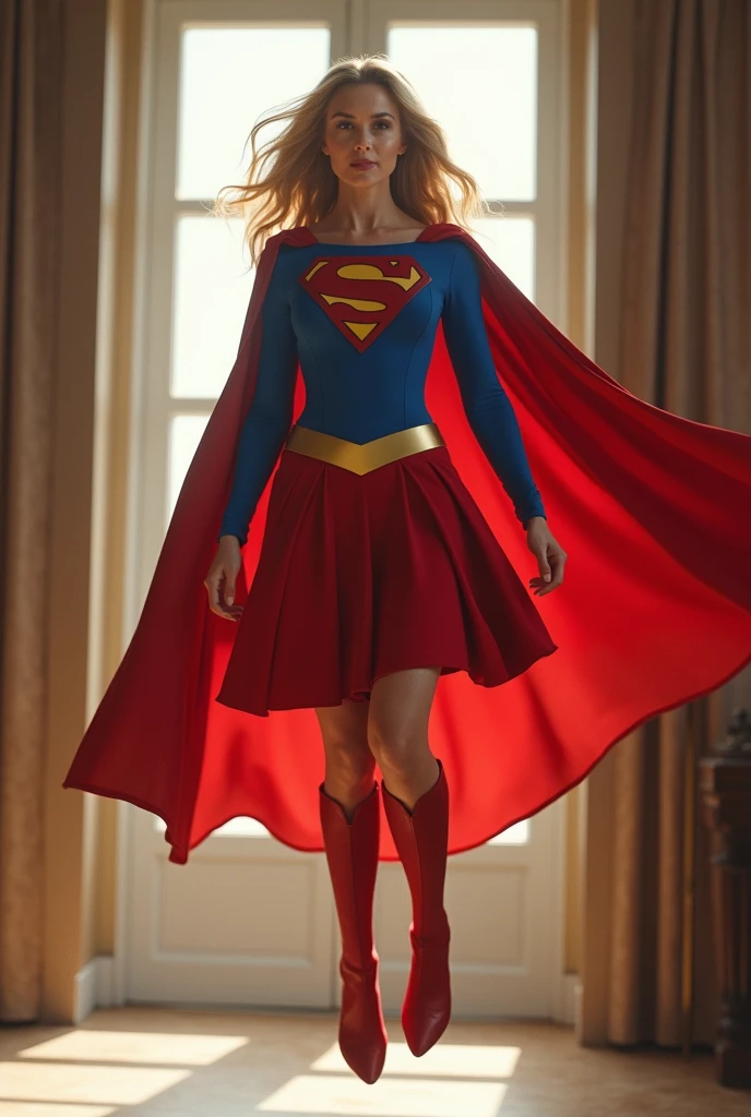 open window; Supergirl 1984s Julie Hagerty(((very beautiful old Supergirl (((1984s movie costume))); Julie Hagerty))) Super old woman Julie Hagerty; full body; stretched in the air, confident, powerful, indestructible, attractive; flutuando no ar. 