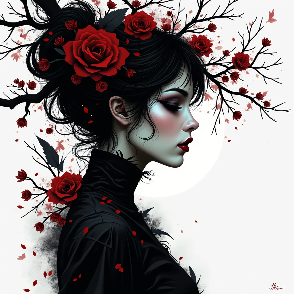A striking vector illustration of a dark fantasy woman in profile, set against a monochromatic white and black background. Her dark red lips and thick eyelashes accentuate her mysterious aura, while her enigmatic expression captivates the viewer. The surrounding atmosphere, a blend of nature and human creation, evokes feelings of beauty and sadness, drawing attention to the fleeting nature of life and the everlasting impact of art. The artist's signature, "T Mann," is discreetly placed in the corner, adding a personal touch to this evocative piece.