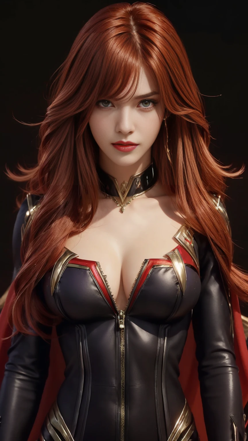 8K, Top Quality, Intricate Details, Ultra Detail, Ultra High Resolution, Masterpiece, close up shot, (full body: 1.1), Slender, Smile, (Makeup: 0.4), (Fluffy purple Eyes: 1.21), ((red eyes)), 1girl, solo, 1 girl, ((red hair, bangs, messy hair, long hair)), close up shot, , ((tall)), (((fit body))), (((slim face))), sharp face, ((superman suit,)), (detailed face), sharp face, small lips, , , ,
((, )), , ((,)), detailed face, detailed breast, , ((large breast, huge breast)), detail ass, Narrow Waist, Skinny, tall , 175 cm tall, Muscular, Navel, Exposed Abdomen, Exposed belly, Pointed Chest,, Beautiful girl with accentuated slender abs: 1.4, Six Pack Abs: 1.4, Bust Botox, Big, Perfect Body, detail leg, (( dark background)), black background,