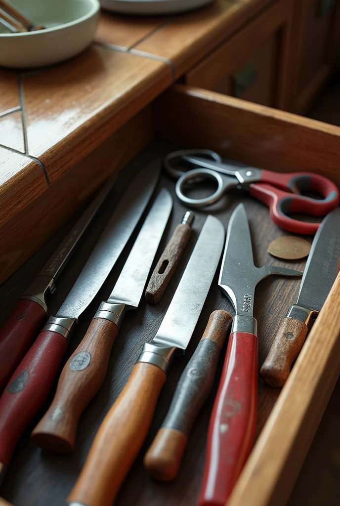 knifes and scissors in a drawer in the kitchen