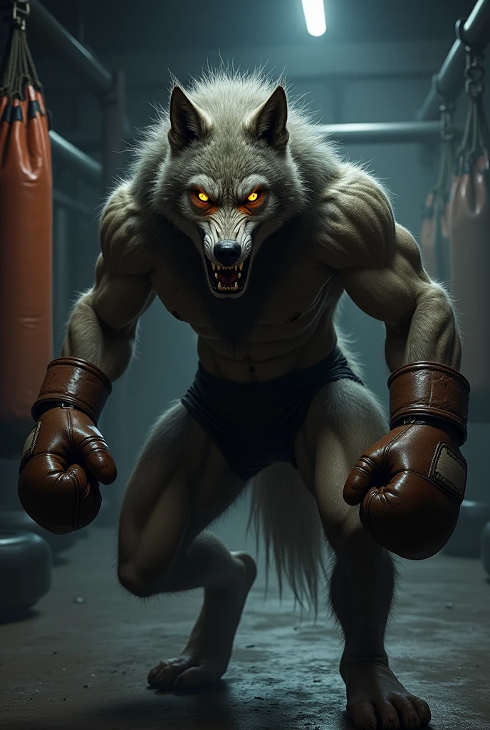 Aggressive humanoid wolf training in mma gym in shadows with gloves and brown glowing eyes with frown