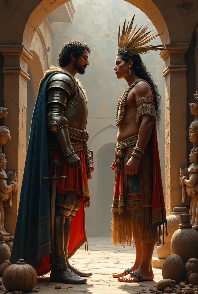 It recreates a scene of the face-to-face meeting of a Spaniard and an indigenous person during the time of the conquest., In the background, put objects and symbols of indigenous culture on the indigenous side and on the Spanish side, put Catholic symbols of their culture..