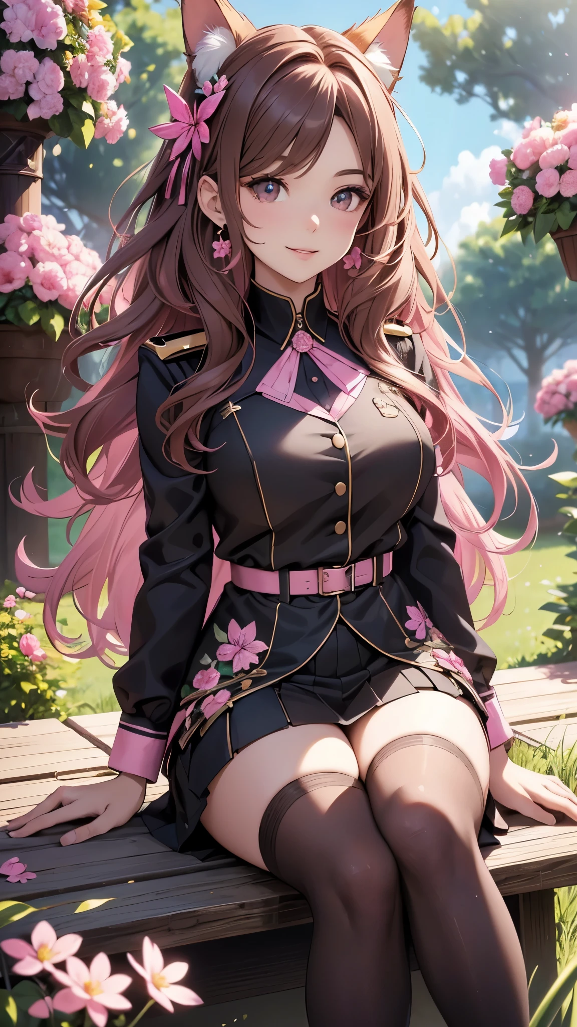 (best quality,4k,8k,highres,masterpiece:1.2),ultra-detailed,(realistic,photorealistic,photo-realistic:1.37),acrylic painting,beautiful Brazilian model in a uniform outfit with downy hair,beautiful Brazilian model with extremely colorful brown hair and detailed facial features,beautiful Brazilian model standing in a beautiful garden sakura flowers, long hair,cat ears, hair bows, uniform pink and black outfits, smile, happy face, brown pink hair,butterflies, sitting down, brown eyes, mature woman, older woman