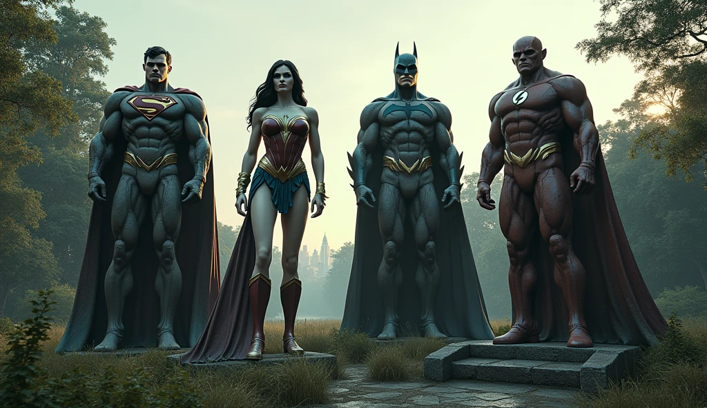A dusty, overgrown city park at dusk. Four colossal, cracked, and weathered statues of Superman, Batman, Wonder Woman, and Flash stand amidst the foliage. The once-grand heroes are now barely recognizable, their forms obscured by dust, vines, and peeling paint. The faint glow of the setting sun casts long shadows across the scene.

Style: Realistic, cinematic. Lighting: Low-key, with dramatic shadows. Atmosphere: Desolate, melancholic. Color palette: Muted tones with hints of orange and purple from the sunset.