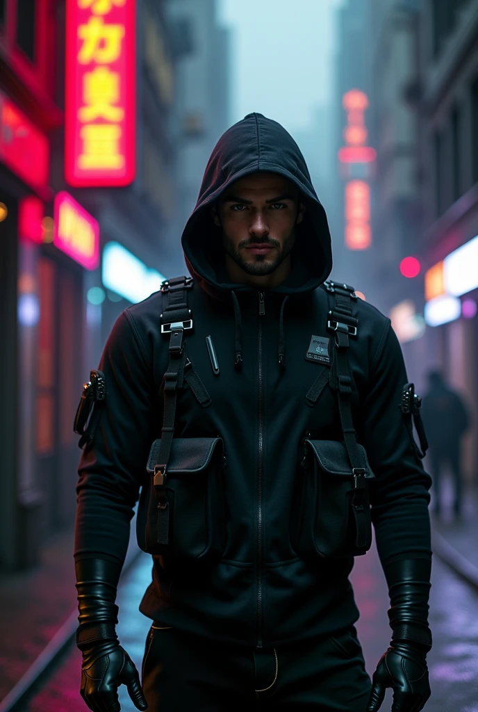 A photo shoot of a guy wearing a futuristic black hoodie with high neck cover, gargo military pockets and straps, unique urban black hoodie without zipper with futuristic military look. The photo shoot take place on a cyberpunk alley with dark atmosphere and futuristic neon signs. Photography, Photorealistic, realism, extreme detail, high quality graphics, ultra realistic, hyperrealism, high resolution, extreme quality, masterpiece, 4k hdr