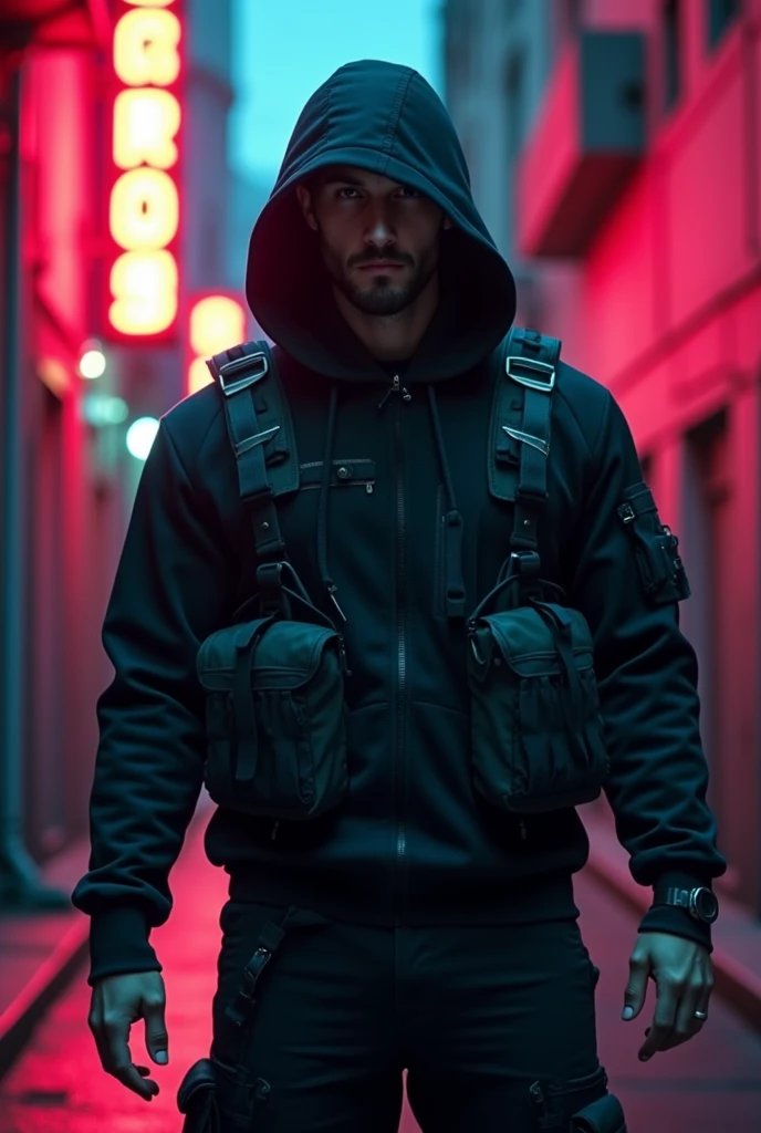 A photo shoot of a guy wearing a futuristic black hoodie with high neck cover, gargo military pockets and straps, unique urban black hoodie without zipper with futuristic military look. The photo shoot take place on a cyberpunk alley with dark atmosphere and futuristic neon signs. Photography, Photorealistic, realism, extreme detail, high quality graphics, ultra realistic, hyperrealism, high resolution, extreme quality, masterpiece, 4k hdr