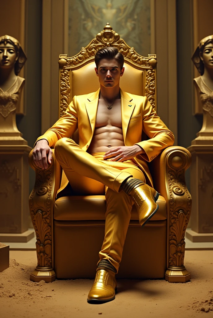 Handsome man, white skin, thin, with golden pants and a golden suit on a golden chair with a baton of command without a shirt crossing his legs, golden boots sitting on a king's chair with a crown and around him there are displays of objects from some ancient Egyptian museum and a sandbox next to it