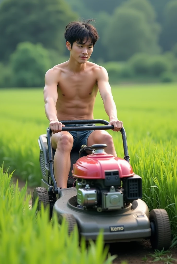 Real photo style、Realistic、Cute handsome man、Idol face、、Japanese、Slim body、Mash Hair、Completely naked、Full nudity、Riding a lawnmower in a rice field