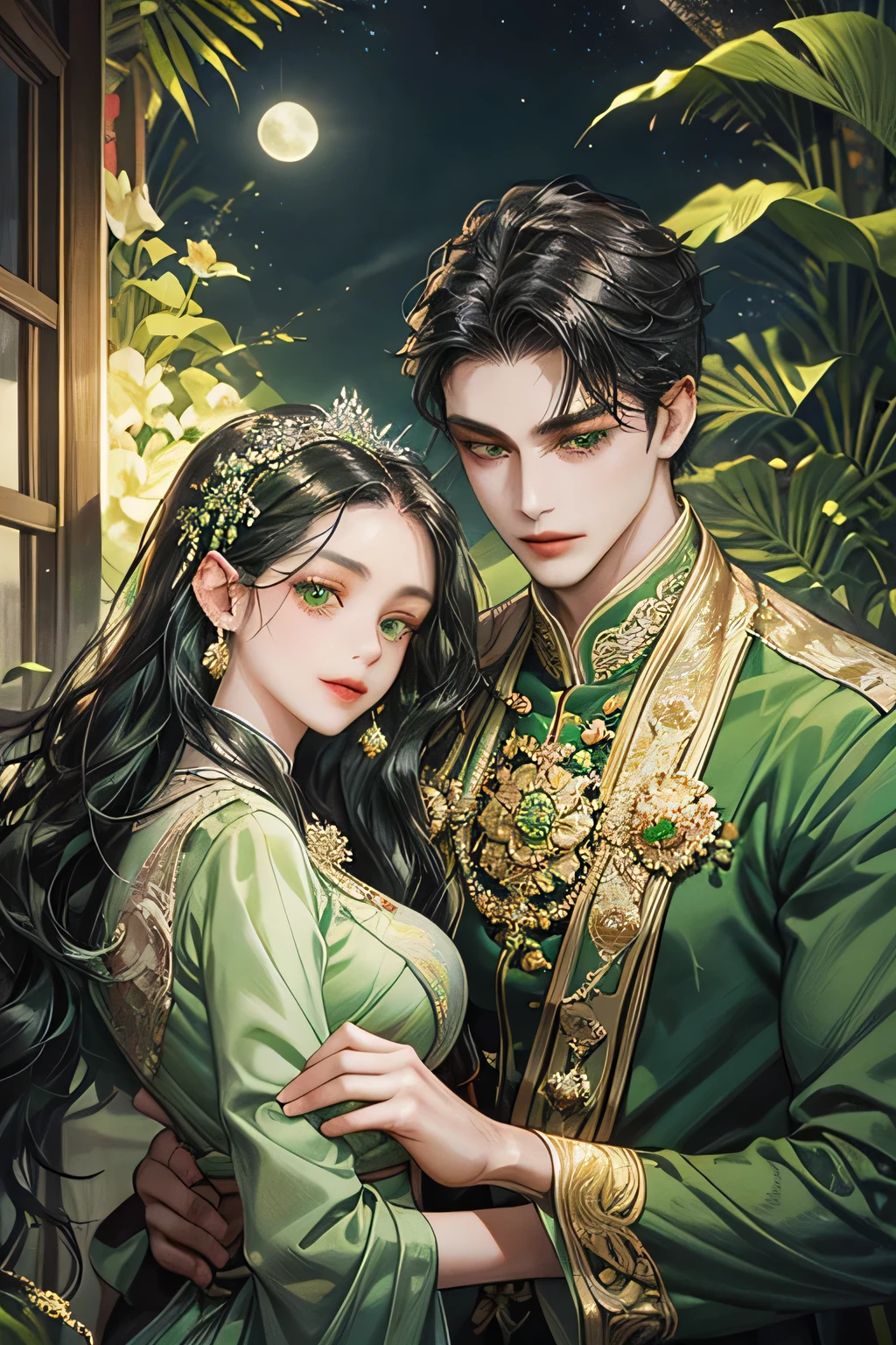 couple, javanese style, green suit, smile and charming, quiet but gentle, light green eyes, royal forest garden, dark black wavy hair, flower bloom, kissing, under the star and moon, kebaya, indonesia temple, javanese style, (swept side dar black hair), masterpiece, detailed body, accurate