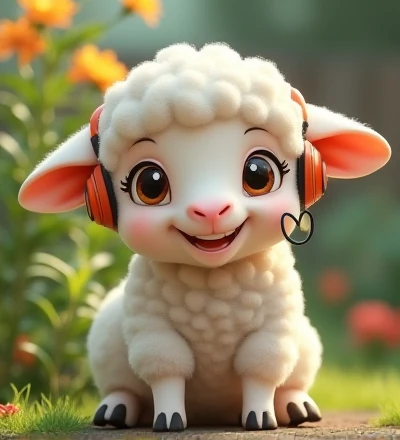 Imagine a realistic little lamb with exaggeratedly funny features, oversized, dressed in cute clothes, bright eyes and curiosity, smiling, frontal image, smiling bunny, Disney  style, capturing natural textures, although their paws are a little bigger, they are even cuter. The background is a simple garden, focusing on natural colors and some green plants, creating bright colors and white lambs, as you have, blouse and headphones