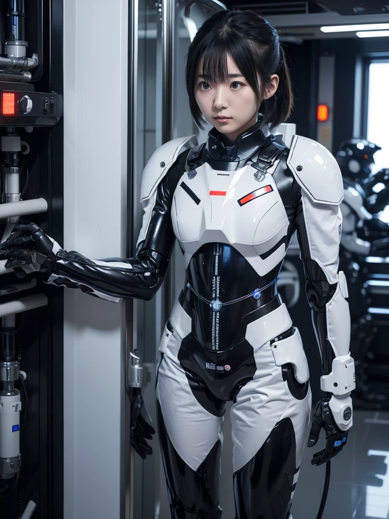 Japanese woman in a black and white robot suit,Chest Monitor,A tube runs from between his legs and connects to a machine.,
