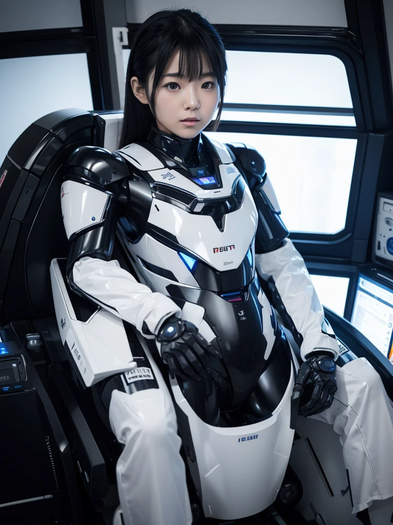 Japanese female android,Black Hair,He is completely strapped into a large chair by a harness.,Plump,Slightly thicker,Squat,White robot suit,There is a control panel on the chest.,Robotic arms and legs,A room filled with machines,