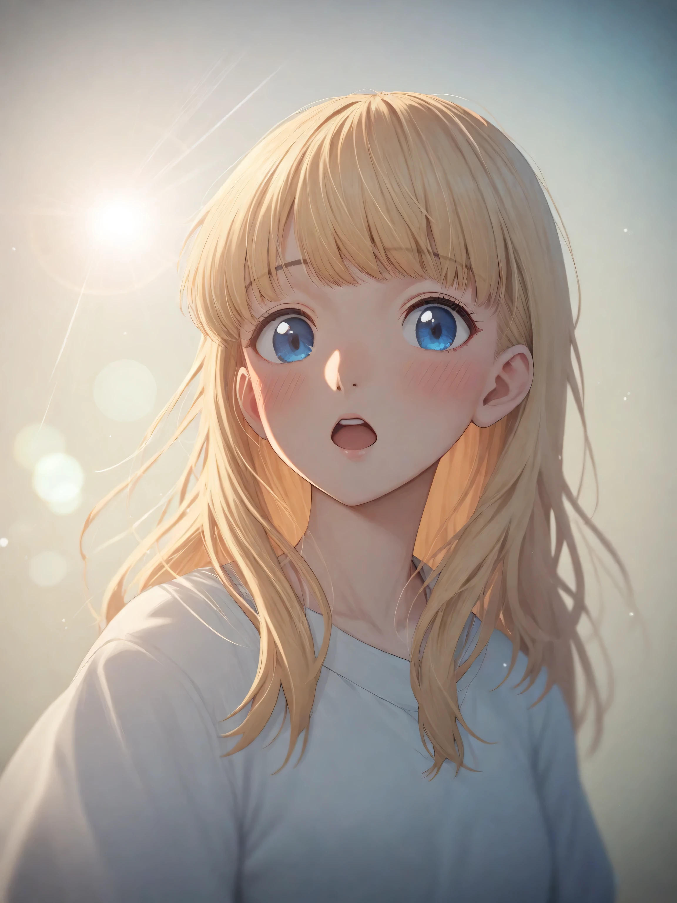 1 girl, Alone, High resolution, Long hair, looking at the viewer, blush, open mouth, blue eyes, fringe, blue eyes, blond hair, Love, High resolution, masterpiece, necessary, anatomically correct, HD Model, high quality, Very detailed, textured skin, depth of field, Lens flare, emphasis lines, bloom, vignetting, cheered up, character design, Fuji Color, Color Ghibli, Icon style, Japanese illustration style, 