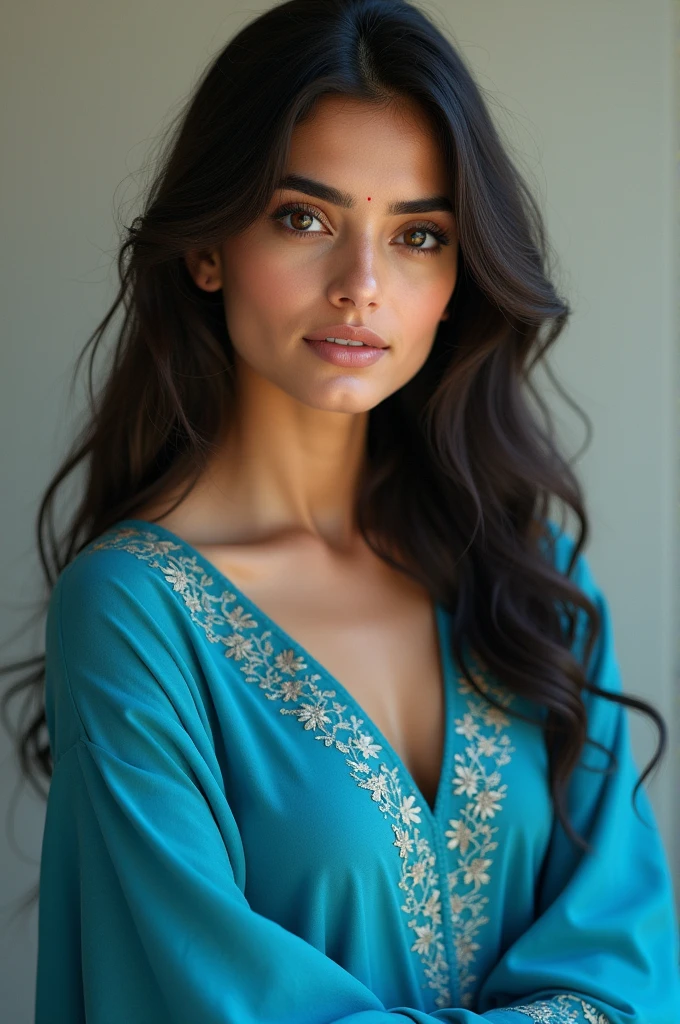 A beautiful Pakistani girl wearing plShilwar Qameez in blue colour and she is 2 brown bugging eyes fair smooth skin tone and her hair are lobg and wavy