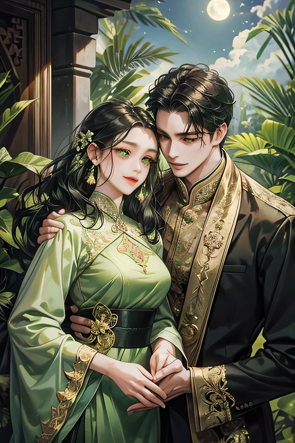 couple, javanese style, green suit, smile and charming, quiet but gentle, light green eyes, royal forest garden, dark black wavy hair, flower bloom, kissing, under the star and moon, kebaya, indonesia temple, javanese style, (swept side dar black hair), masterpiece, detailed body, accurate