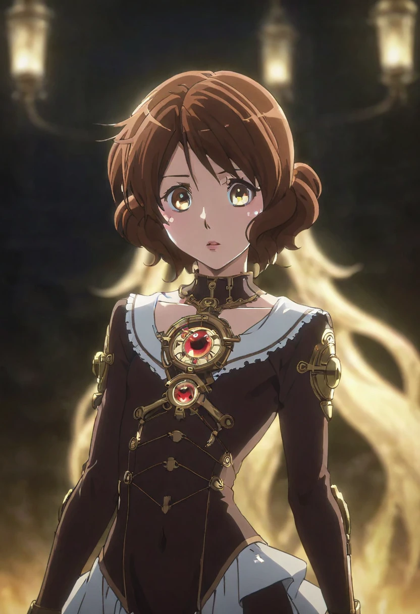 ((best quality)), ((masterpiece)), (detailed), 1girl, Oumae Kumiko (big forhead:1.2),extremely detailed cute anime face, (((flat chest))), (flat chest:1.1),((((brown hair)))),intricate eyes,beautiful detailed eyes,symmetrical eyes,(((detailed face))),beautiful detailed lips, dynamic pose, looking at this, resolved, resolute, highres,(best quality),(ultra detailed,extremely detailed),perfect face details, ((masterpiece:1.4, best quality))+, (ultra detailed)+, slim body, skinny, prominent collarbones, skinny arms, flat stomach, visible hip bones, short brown hair, perfect face, Detailed body，Full limbs, perfect face, a beaituful goddess valkyrie enshrined in armour, grand in scale and intricacy, occult aesthetic, occult, detailed and intricate steampunk and detailed gothic, Very dramatic and cinematic lighting, cosmic horror, grim dark, Red and white with a sense of technology, side-lighting, NSFW, Depicting female characters from ethereal anime in a high-quality anime art style, gothic lolita, full body, whole body, body