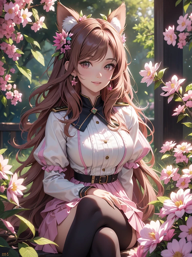 (best quality,4k,8k,highres,masterpiece:1.2),ultra-detailed,(realistic,photorealistic,photo-realistic:1.37),acrylic painting,beautiful Brazilian model in a uniform outfit with downy hair,beautiful Brazilian model with extremely colorful brown hair and detailed facial features,beautiful Brazilian model standing in a beautiful garden sakura flowers, long hair,cat ears, hair bows, uniform pink and green outfits, smile, happy face, brown pink hair,butterflies, sitting down, brown eyes,  mature woman, older woman 