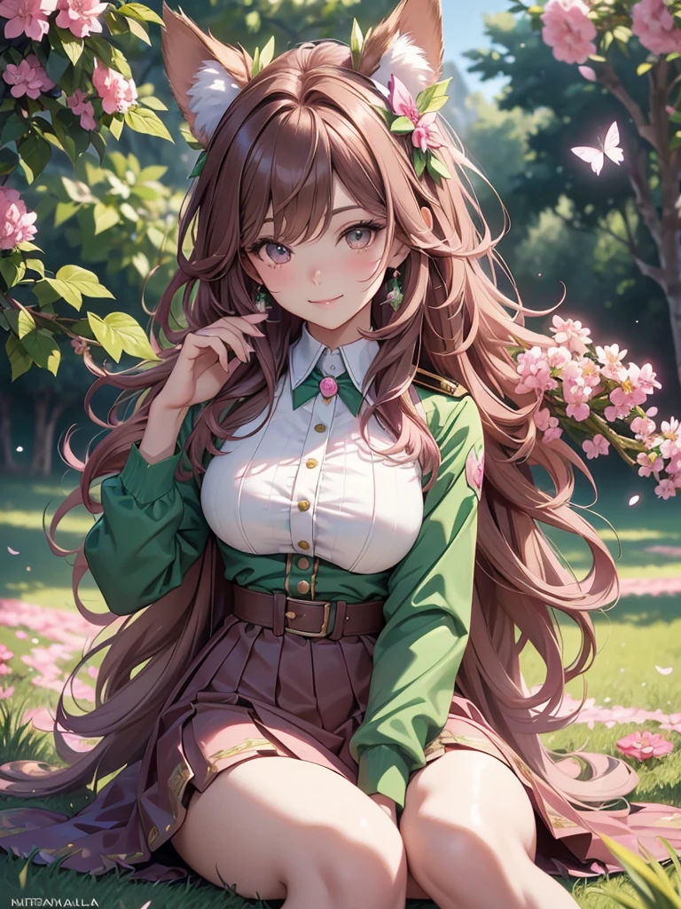 (best quality,4k,8k,highres,masterpiece:1.2),ultra-detailed,(realistic,photorealistic,photo-realistic:1.37),acrylic painting,beautiful Brazilian model in a uniform outfit with downy hair,beautiful Brazilian model with extremely colorful brown hair and detailed facial features,beautiful Brazilian model standing in a beautiful garden sakura flowers, long hair,cat ears, hair bows, uniform pink and green outfits, smile, happy face, brown pink hair,butterflies, sitting down, brown eyes,  mature woman, older woman 