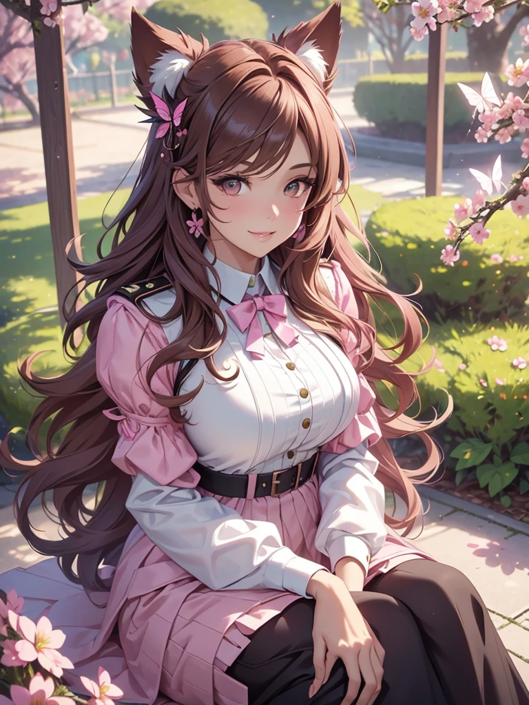 (best quality,4k,8k,highres,masterpiece:1.2),ultra-detailed,(realistic,photorealistic,photo-realistic:1.37),acrylic painting,beautiful Brazilian model in a uniform outfit with downy hair,beautiful Brazilian model with extremely colorful brown hair and detailed facial features,beautiful Brazilian model standing in a beautiful garden sakura flowers, long hair,cat ears, hair bows, uniform pink and green outfits, smile, happy face, brown pink hair,butterflies, sitting down, brown eyes,  mature woman, older woman 