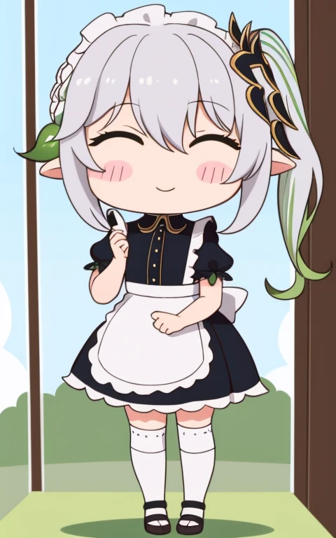 fullcg,Best quality,highest quality, 8k,Soft lighting, Confused, Looking at the audience, alone, smile, Knee socks,Nahida Genshin Impact | Character Lora 1283,((low length:1.5)),((chibi:1.5)),((little child girl)),1girl,difficult,cowboy shot,Beautiful cityscape,(standing:1.6),(Front facing:1.5),(((pretty maid costume))),((making a heart with fingers)),(((wink))),