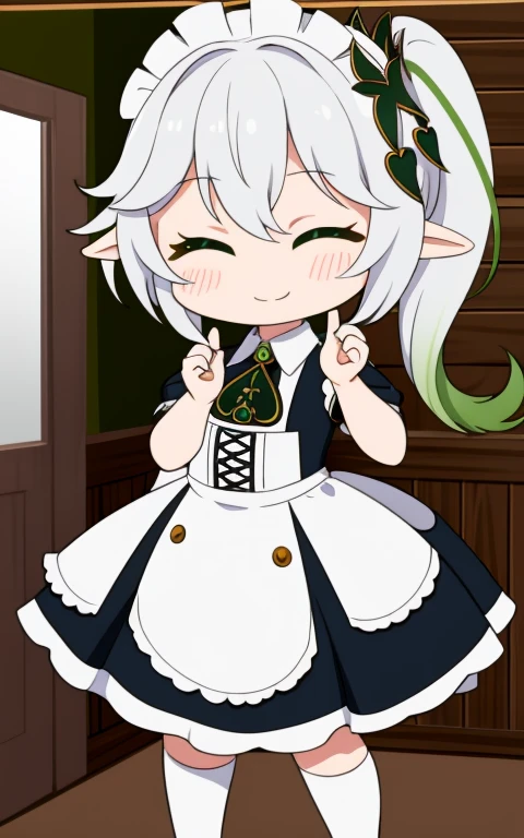 fullcg,Best quality,highest quality, 8k,Soft lighting, Confused, Looking at the audience, alone, smile, Knee socks,Nahida Genshin Impact | Character Lora 1283,((low length:1.5)),((chibi:1.5)),((little child girl)),1girl,difficult,cowboy shot,Beautiful cityscape,(standing:1.6),(Front facing:1.5),(((pretty maid costume))),((making a heart with fingers)),(((wink))),