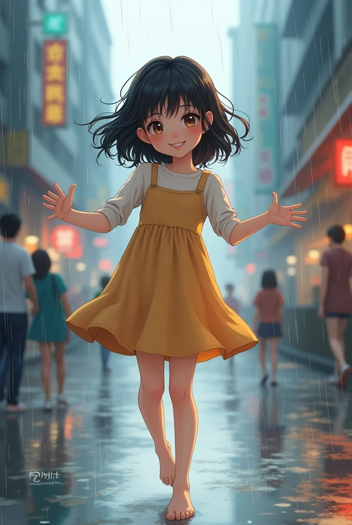 A 2D art illustration of a cute and version of a girl with soft, shiny brown eyes dancing in the middle of the street in the rain., She is white tea, Not too thin and not too thick, Medium wavy, shoulder-length black hair., Dress loosely, A short dress that is not too short looks youthful and no shoes., In 2400 by 1080 inch format