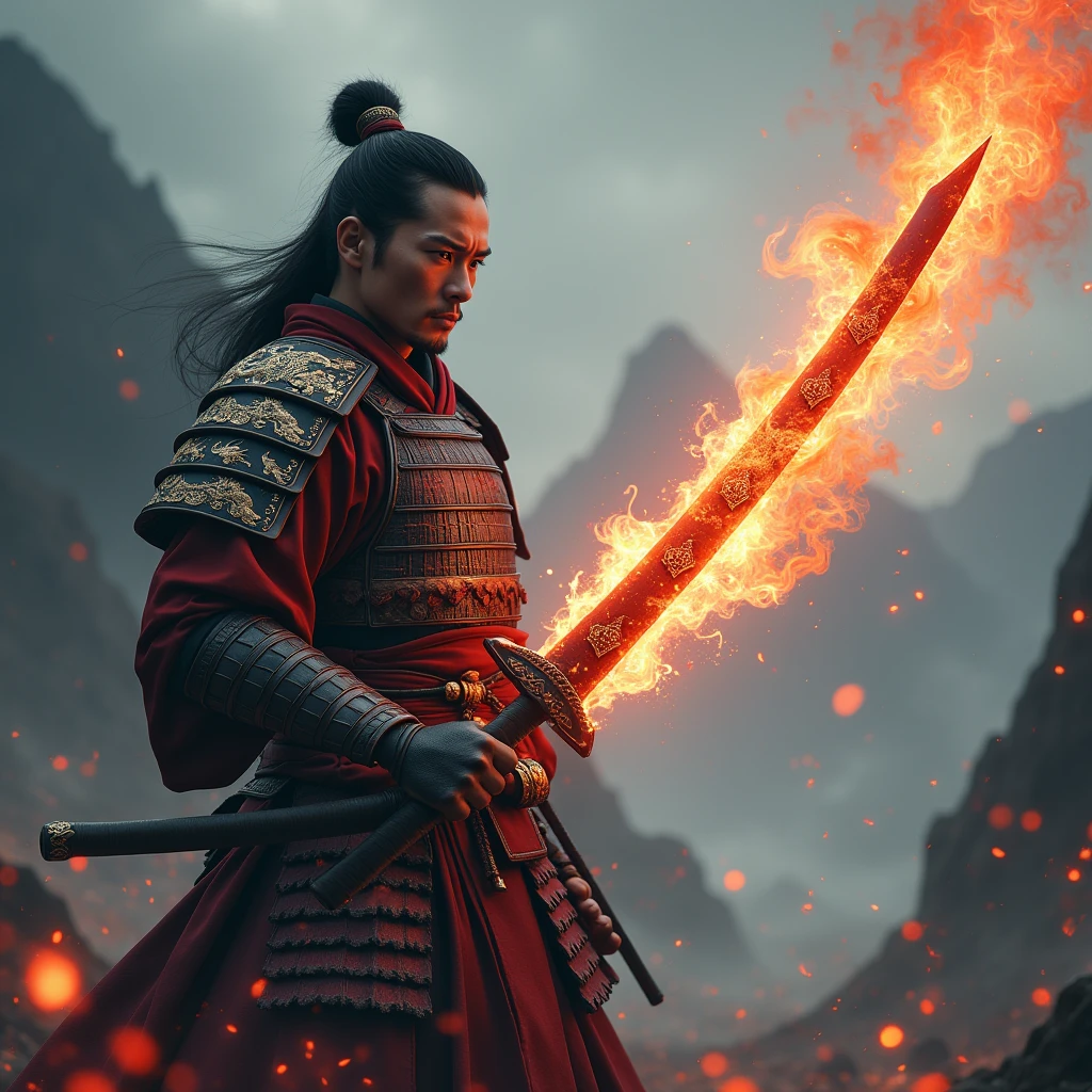 A strong samurai holding a magical katana with fire powers, intricate japanese engraved blade, glowing red hot edge, stylish katana hilt with dragon motif, dramatic red and orange flames surrounding blade, beautiful japanese calligraphy, ancient samurai warrior holding katana, epic fantasy concept, detailed 8k, cinematic lighting, unreal engine, highly detailed, photorealistic, photorealistic, hyper realistic, intricate details, high resolution, high quality, cinematic, depth of field,
