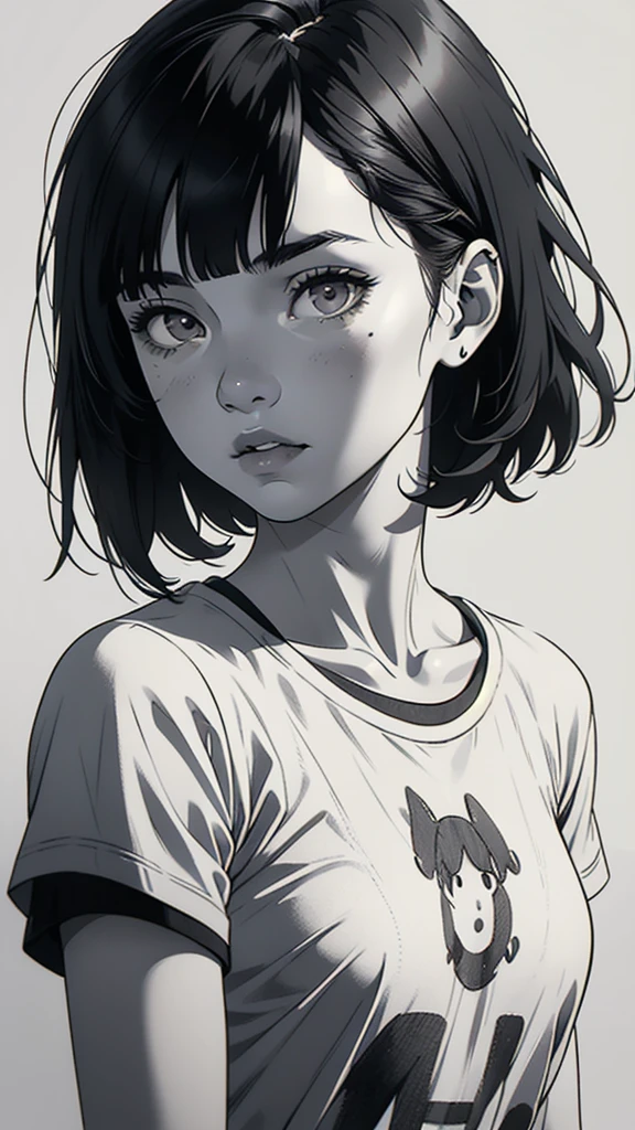 1 boyish girl, solo, sharp eyes, monochrome, greyscale, short black hair, portrait, white T-shirt, thin eyebrows, closed mouth, looking at viewer, graphite \(medium\), detailed lips, hatching \(texture\), without makeup, full bangs, upper body, (best illustration), (best quality), (very detailed), (masterpiece), expressionless,
