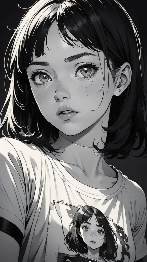 1 boyish girl, solo, sharp eyes, monochrome, greyscale, short black hair, portrait, white T-shirt, thin eyebrows, closed mouth, looking at viewer, graphite \(medium\), detailed lips, hatching \(texture\), without makeup, full bangs, upper body, (best illustration), (best quality), (very detailed), (masterpiece), expressionless,