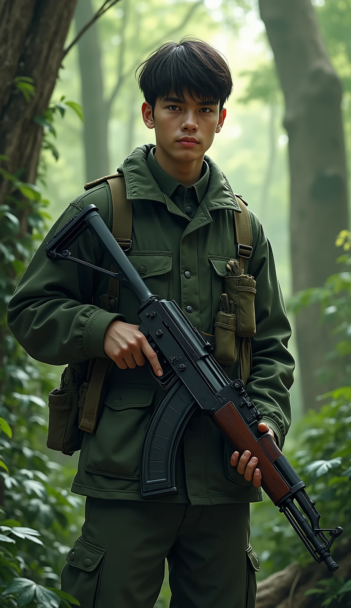 masterpiece, best quality, 1boy, delicate eyes, military uniform, AK-47, AKM, kalashnikov_rifle, assault_rifle, holding_gun, forest background