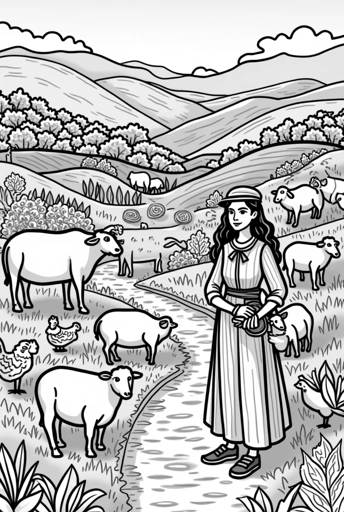 create a drawing with a countryside landscape, which has farm animals, plantations and peasants in a coloring book style for coloring pages