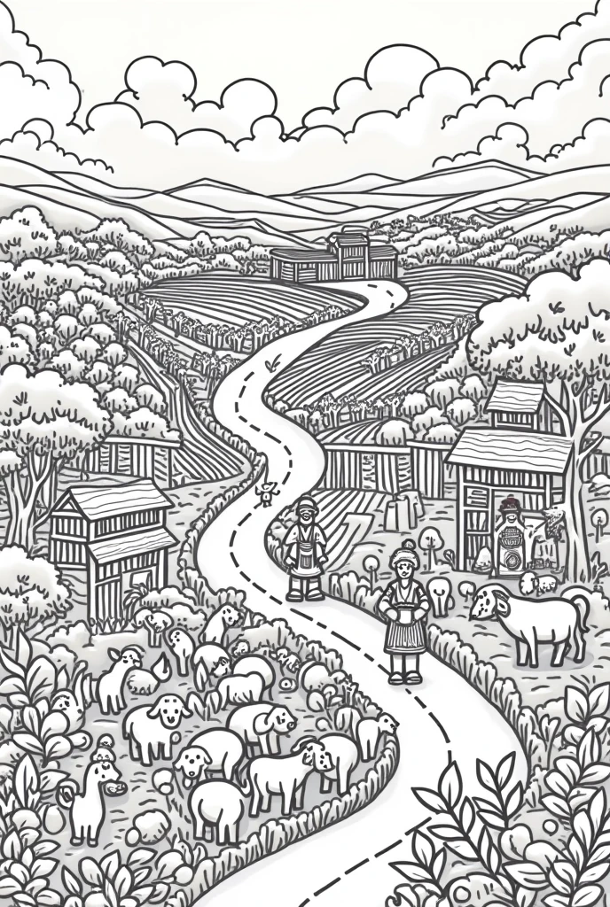 create a drawing with a countryside landscape, which has farm animals, plantations and peasants in a coloring book style for coloring pages
