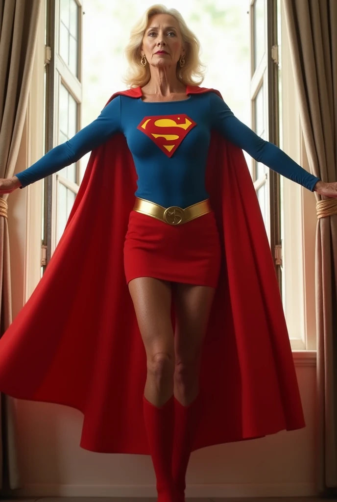 open window; Supergirl Julie Hagerty(((very beautiful old Supergirl (((1984s Supergirl movie costume))); Julie Hagerty))) Super old woman Julie Hagerty; full body; stretched in the air, confident, powerful, indestructible, attractive; flutuando no ar.