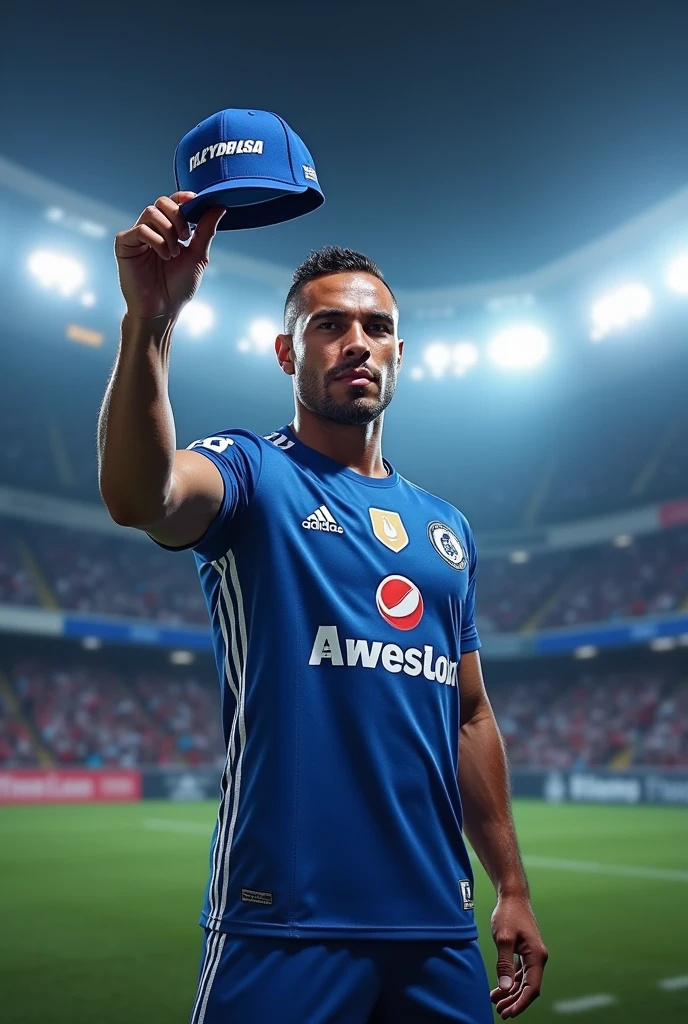 Create an image of the player José Paolo Guerrero Gonzales, Alianza Lima player. It is a promotion where 1 entrance ticket to the Matute stadium in Lima Peru will be given away, for the purchase of a MASA BRAND cap. The ticket will be to see the presentation of the player Paolo Guerrero to the Alianza Lima team 