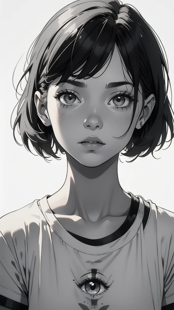 1 boyish girl, solo, sharp eyes, monochrome, greyscale, short black hair, portrait, white T-shirt, thin eyebrows, closed mouth, looking at viewer, graphite \(medium\), detailed lips, hatching \(texture\), without makeup, full bangs, upper body, (best illustration), (best quality), (very detailed), (masterpiece), expressionless,
