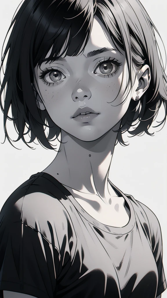 1 boyish girl, solo, sharp eyes, monochrome, greyscale, short black hair, portrait, white T-shirt, thin eyebrows, closed mouth, looking at viewer, graphite \(medium\), detailed lips, hatching \(texture\), without makeup, full bangs, upper body, (best illustration), (best quality), (very detailed), (masterpiece), expressionless,