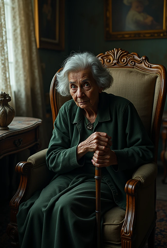 100 year old black woman sitting in armchair holding cane, Terror, antique decorations, pobres, High definition, super defined, realisitic, detailded, A sense of mystery, dark house