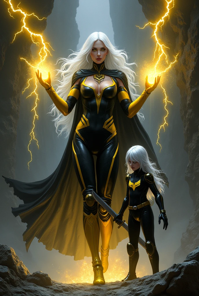 White hair muscular superhero wearing a black uniform with yellow stripes golden sleeves of hands hands raised releasing chains of yellow lightning wearing a black cape white skin color yellow eyes tall woman black skin color short white hair wearing a black uniform with white stripes with fox emblem white color big chest holding a sword with both hands cave scene