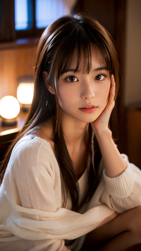 a beautiful young japanese girl relaxing in a living room at night, wearing a non-transparent nightgown, detailed face, (best quality,4k,8k,highres,masterpiece:1.2),ultra-detailed,(realistic,photorealistic,photo-realistic:1.37),HDR,UHD,studio lighting,ultra-fine painting,sharp focus,physically-based rendering,extreme detail description,professional,vivid colors,bokeh,portrait