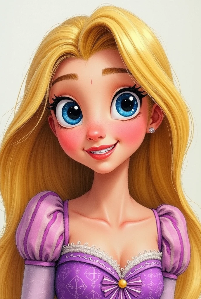 Disney's Rapunzel, retrato close up, representing his personality with his pose , in crayon and pencil