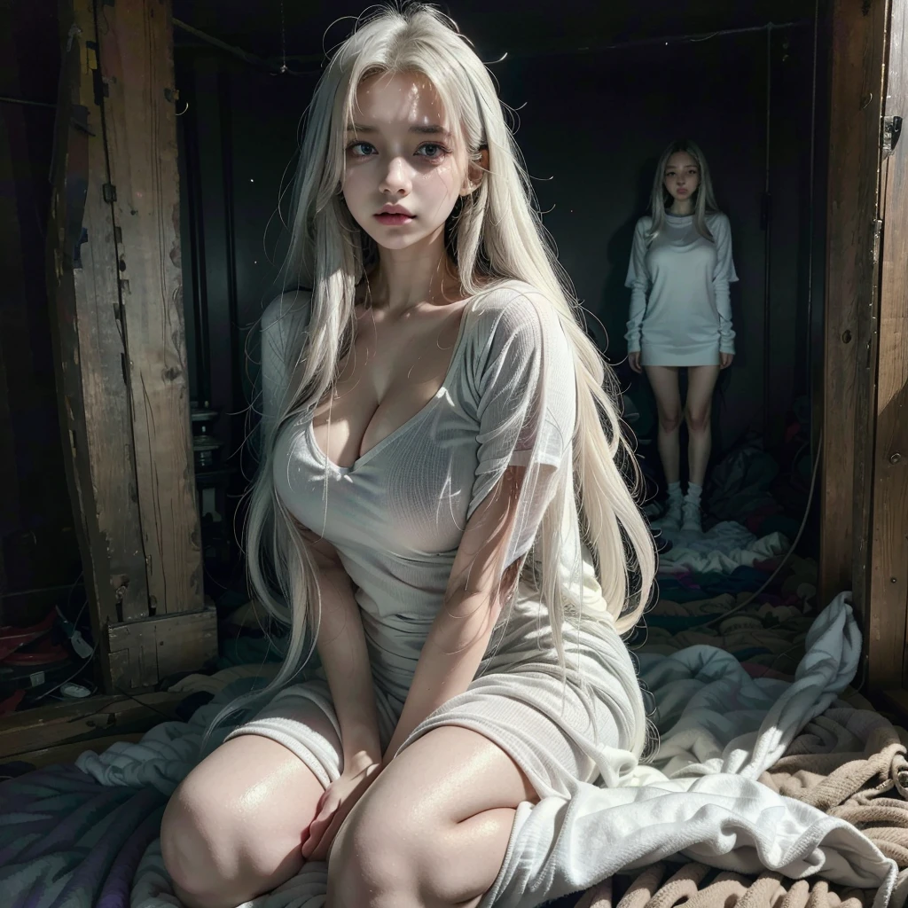 High Resolution, 1girl, Very Long Hair, Purple Eyes, White Hair, Large breasts, Tears, Scared, 