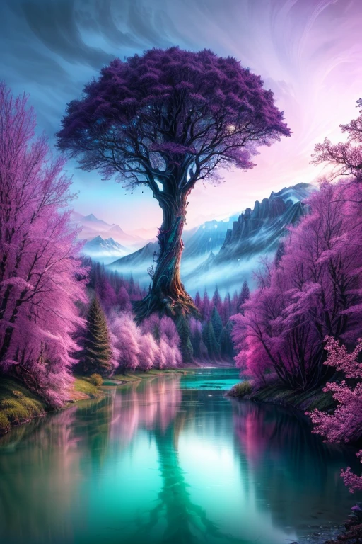 a tree that is standing in the middle of a river, magical colors and atmosphere, breath-taking beautiful trees, breath - taking beautiful trees, fantasy tree, magical colours and atmosphere, magical tree, magical landscape, surreal colors, very beautiful digital art, made of tree and fantasy valley, pink tree beside a large lake, fantasy forest, magical fantasy forest, magical environment