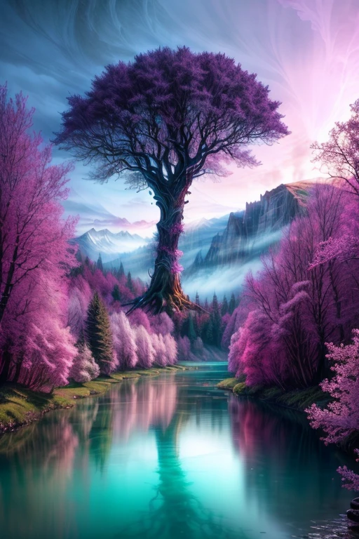 a tree that is standing in the middle of a river, magical colors and atmosphere, breath-taking beautiful trees, breath - taking beautiful trees, fantasy tree, magical colours and atmosphere, magical tree, magical landscape, surreal colors, very beautiful digital art, made of tree and fantasy valley, pink tree beside a large lake, fantasy forest, magical fantasy forest, magical environment