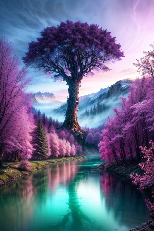 a tree that is standing in the middle of a river, magical colors and atmosphere, breath-taking beautiful trees, breath - taking beautiful trees, fantasy tree, magical colours and atmosphere, magical tree, magical landscape, surreal colors, very beautiful digital art, made of tree and fantasy valley, pink tree beside a large lake, fantasy forest, magical fantasy forest, magical environment