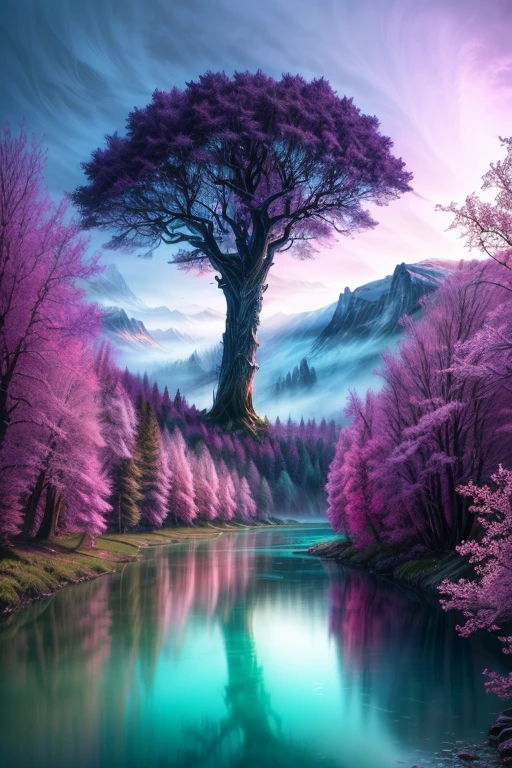 a tree that is standing in the middle of a river, magical colors and atmosphere, breath-taking beautiful trees, breath - taking beautiful trees, fantasy tree, magical colours and atmosphere, magical tree, magical landscape, surreal colors, very beautiful digital art, made of tree and fantasy valley, pink tree beside a large lake, fantasy forest, magical fantasy forest, magical environment