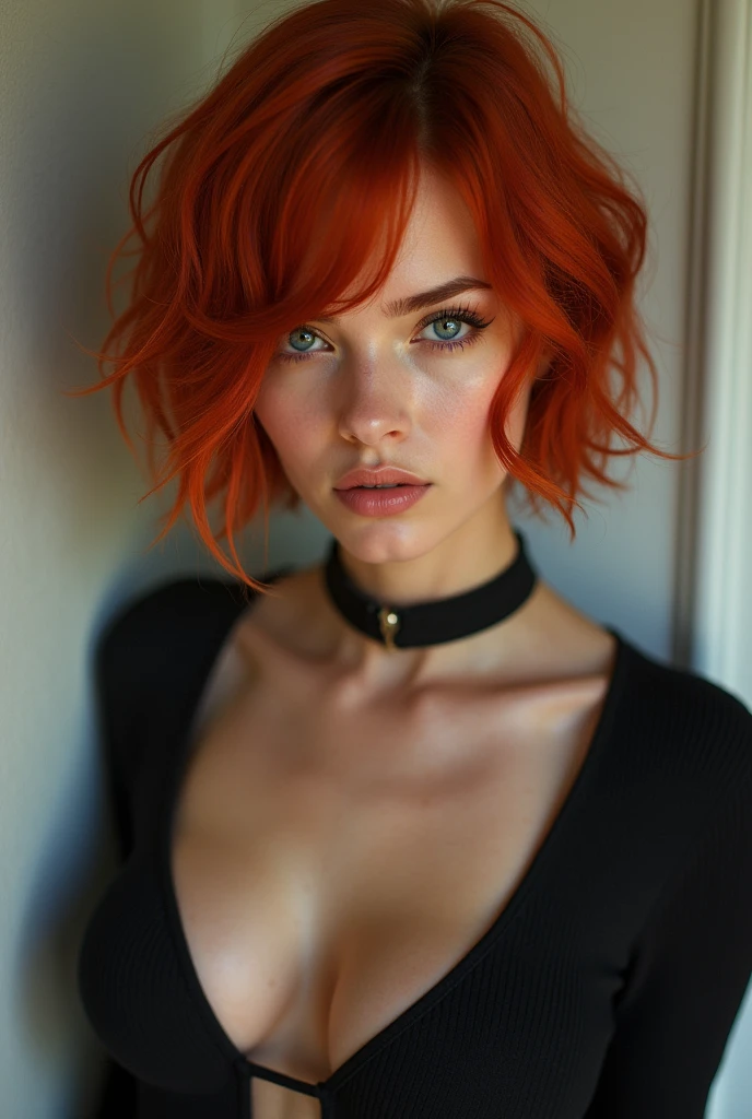 Full body image of a dark tanned woman in her twenties, with Zendaya style eyes, short straight red-orange hair and short bangs at eye level, Italian appearance, attentive. full body, sexy, cute, white, perfect body, clearly visible, beautiful, model face, full body sexy girl with blue eyes, ultra-realistic, meticulously detailed, colossal breasts, green eyes, wearing a full closed open shoulders short ice - blue Mexican transparent poncho, natural makeup, looking straight into the camera, Face Artgram, subtle makeup, medium and large chest, let the face be clearly visible,