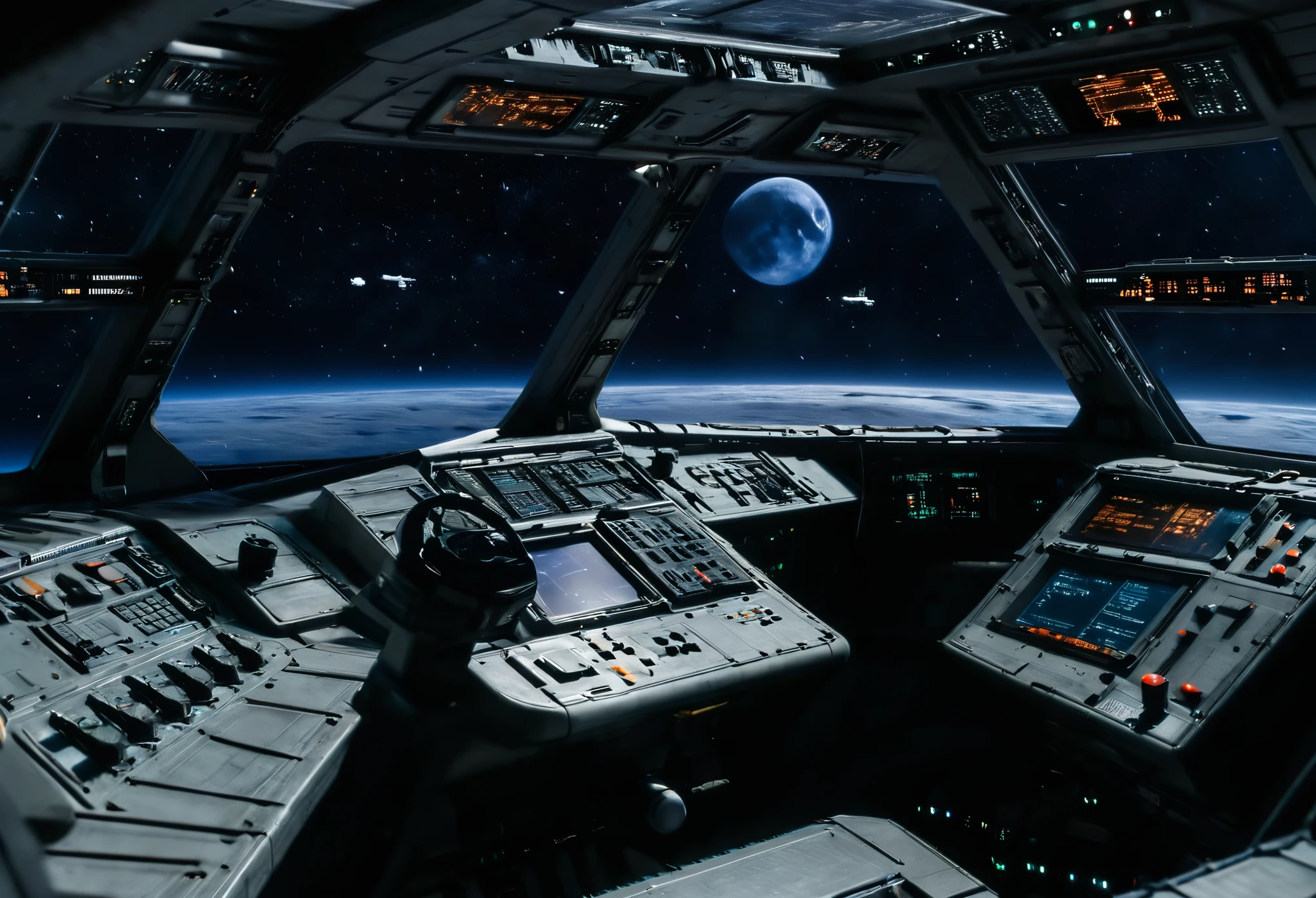 inside of a spaceship, ship controls, Control Panel, windows to the moon, windows to the outside universe, sci-fi, ultrarealism