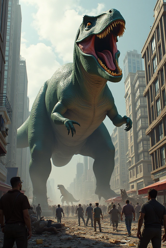 Dinosaurs attack on citizens and destroying the building